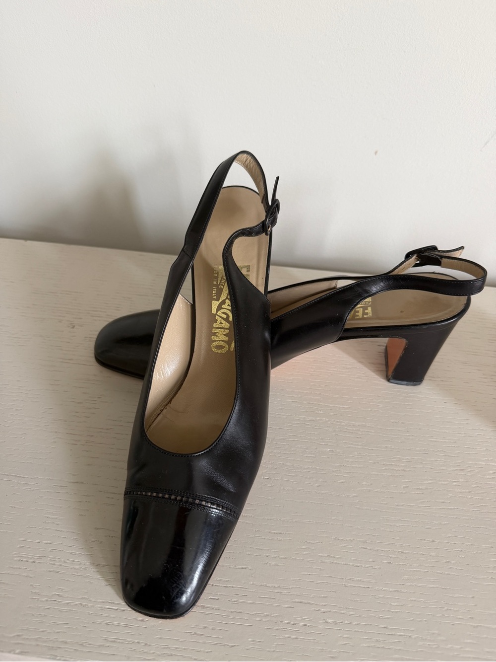 Salvatore Ferragamo Black Leather Slingback Block Heel Pumps